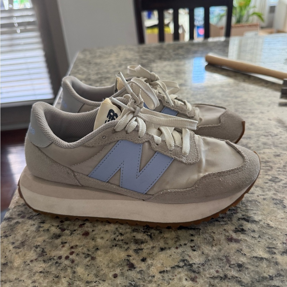 New Balance Taupe Sneakers with Light Blue 'N' Logo